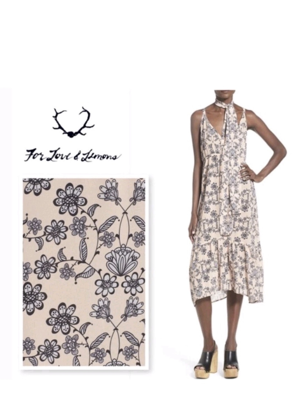 For Love & Lemons Peach Floral Midi Slip Dress with Neck Scarf Size L - Picture 2 of 13